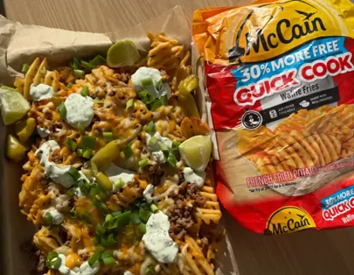 Air Fryer Loaded Spicy Sausage Waffle Fries