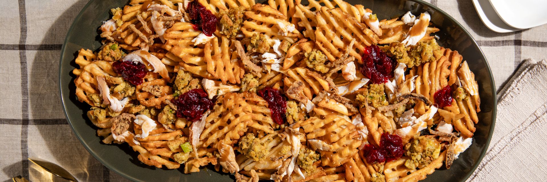 waffle fries topped with turkey and stuffing