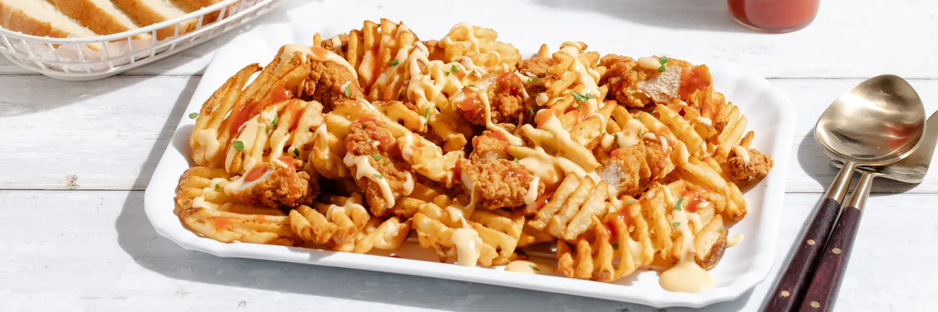Nashville Hot Chicken and Horseshoe Cheese Sauce Loaded Fries & Strawberry Basil Sweet Tea
