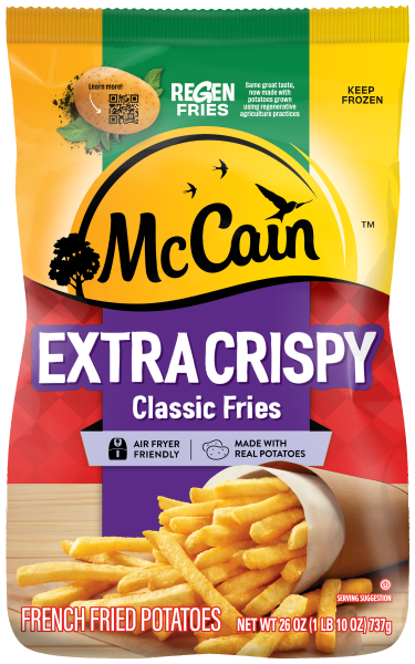 Pack shot of air fryer friendly McCain Extra Crispy Classic Cut French Fries to be kept frozen until cooked