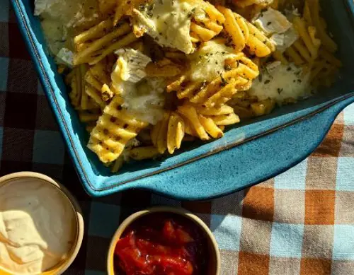 Loaded Thanksgiving Herb Fries with Cranberry Ketchup and Gravy Mayo 